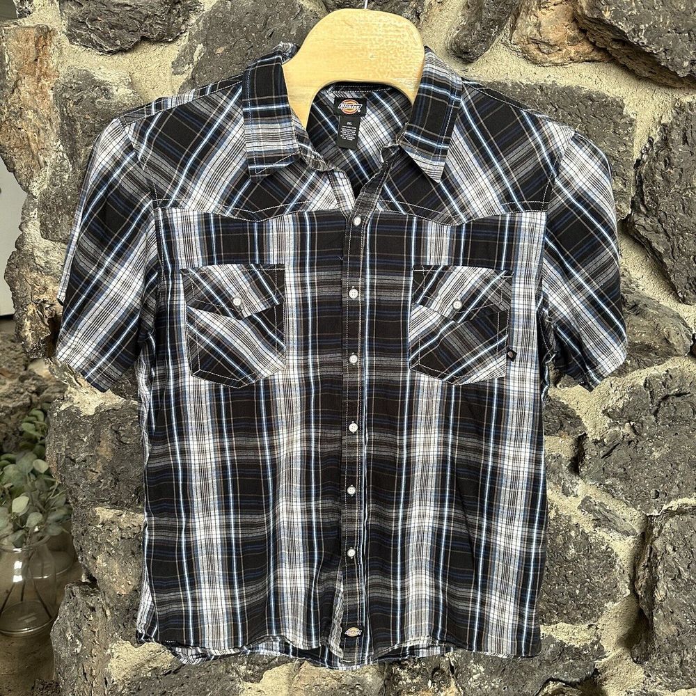 Dickies Shirt Men's Large XXL Blue Plaid Short Sleeve Pocket Button Workwear